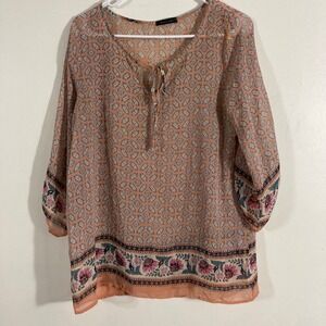 West Kei Tunic Blouse Womens Small Peach Floral Geometric Sheer 3/4 Sleeve Boho